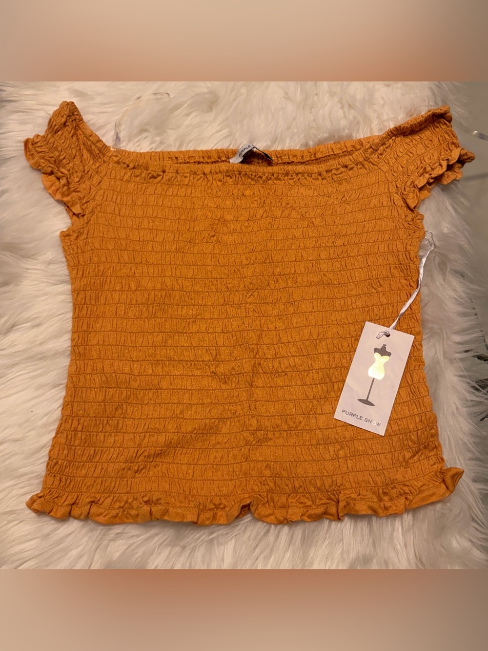Purple Snow Women's Smocked Off-Shoulder Crop Top in Rust